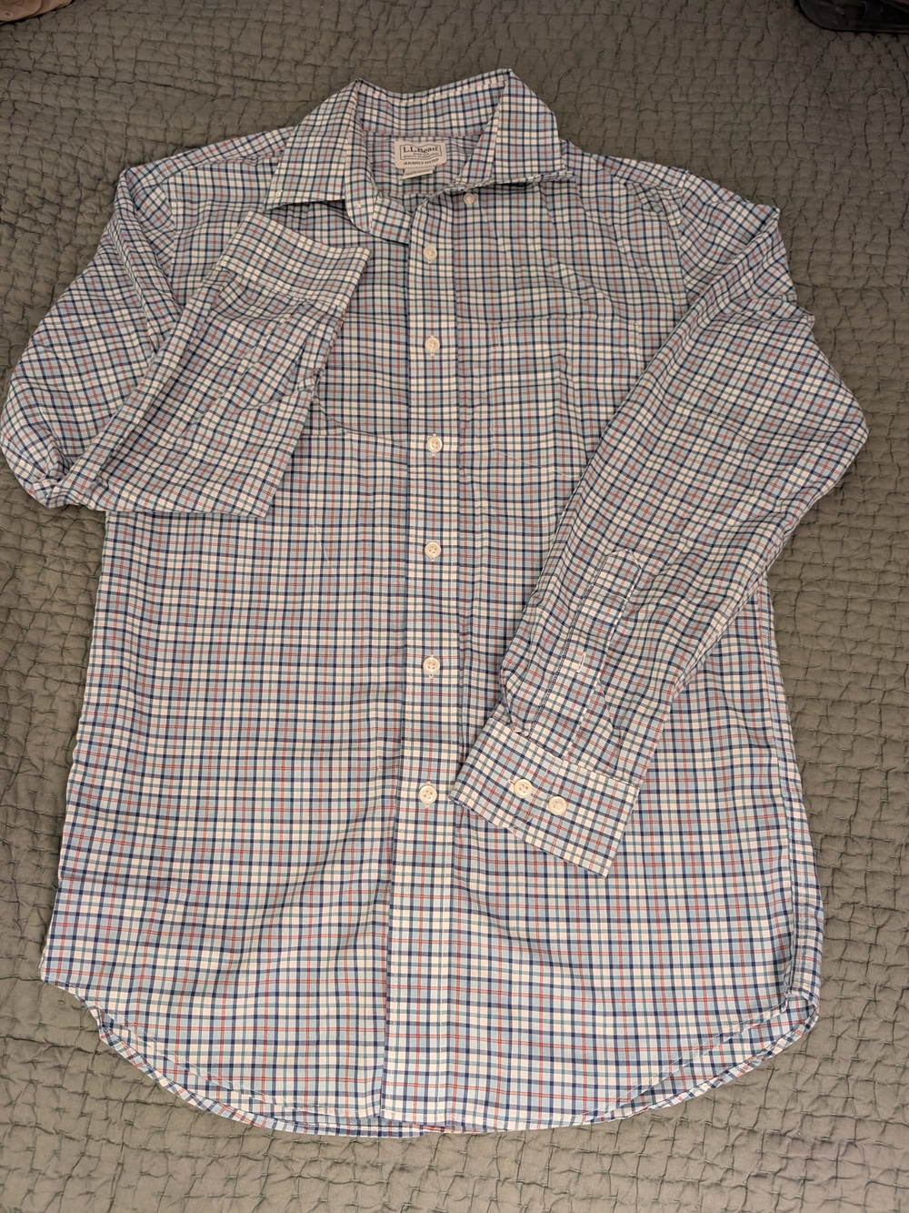 L.L. Bean Men's Kennebunk Sport Shirt, Slightly Fitted with Blue and Red Check